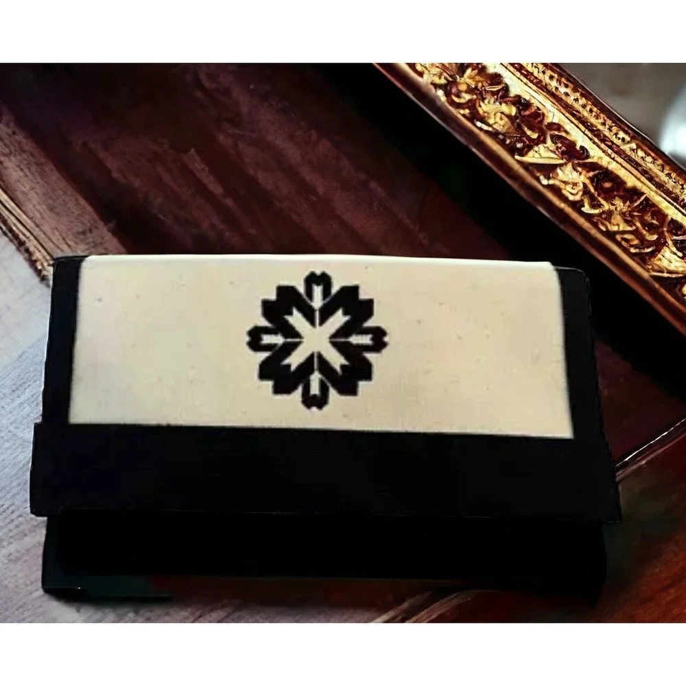 QBS Designs Clutch Fold Over Ivory Navy Embroidered Snowflake Medallion Linen